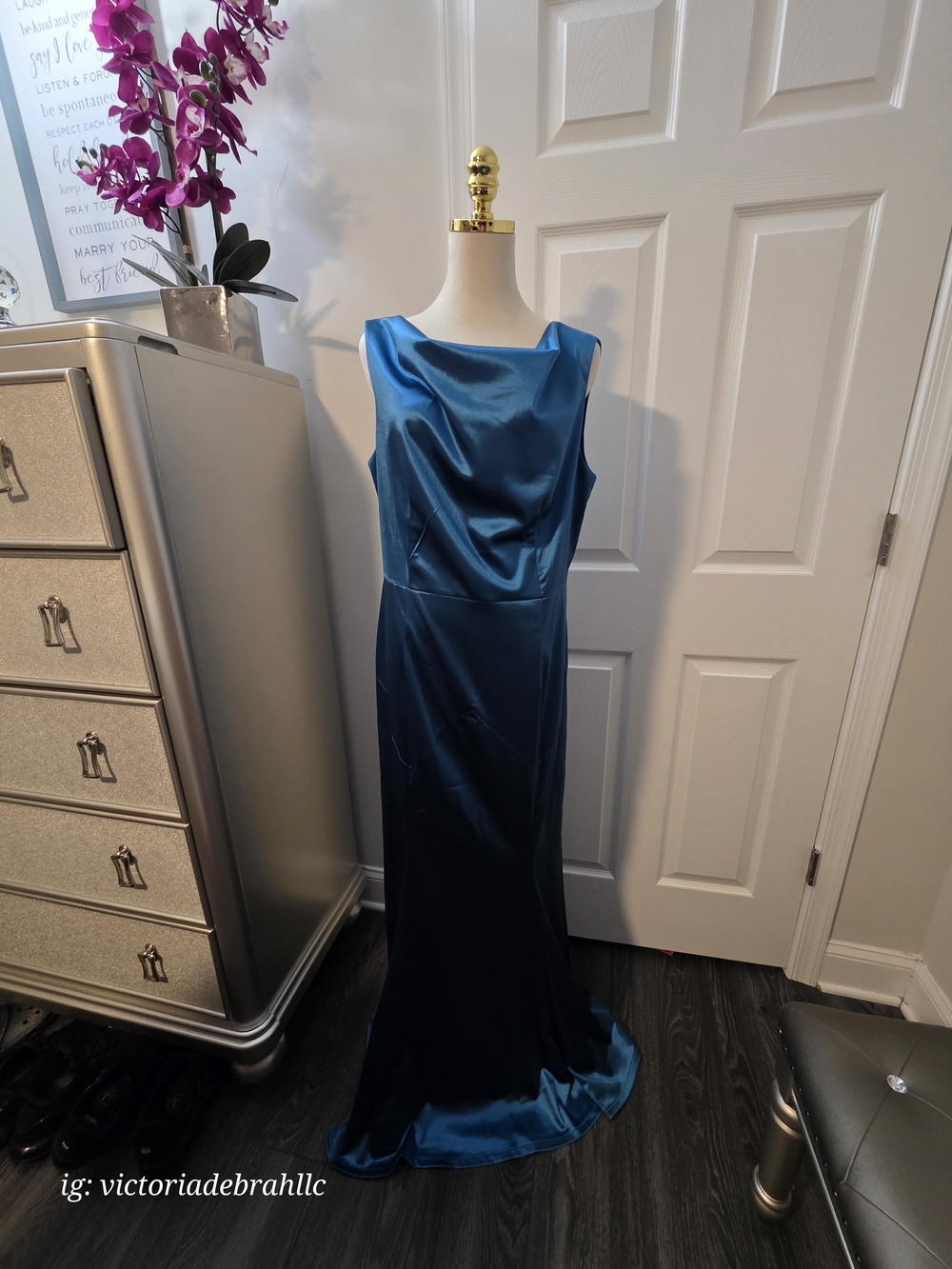 Satin Teal Sleeveless Maxi Dress with Draped Cowl Neck
